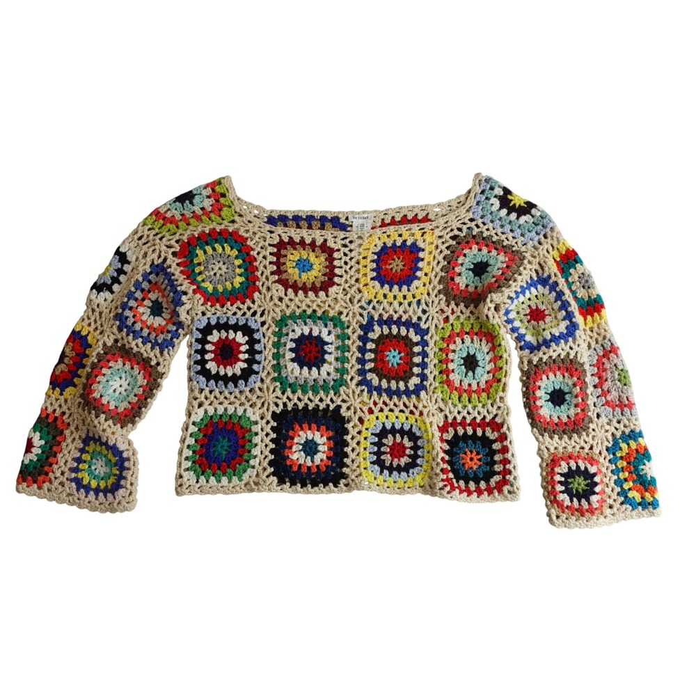 Granny Square Crochet Crop Top Womens Multicolor Patchwork Boho Hippie Festival